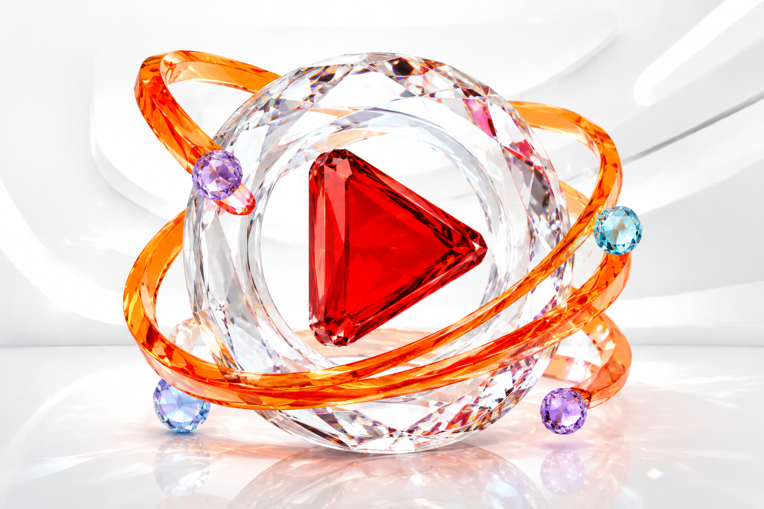 Ruby-red play diamond inside a clear crystal ring with vivid orange glass orbits